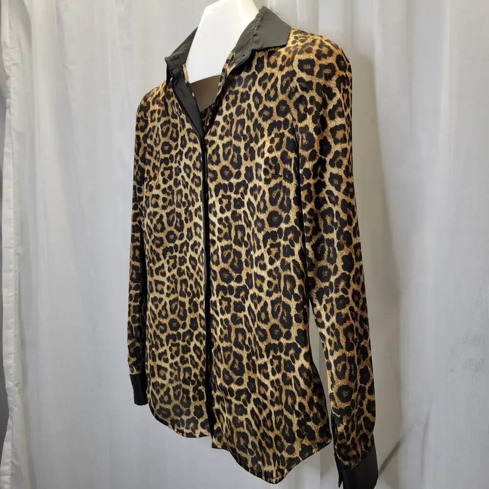 MICHAEL M. Kors Silky Leopard Print Long Sleeve Blouse, S